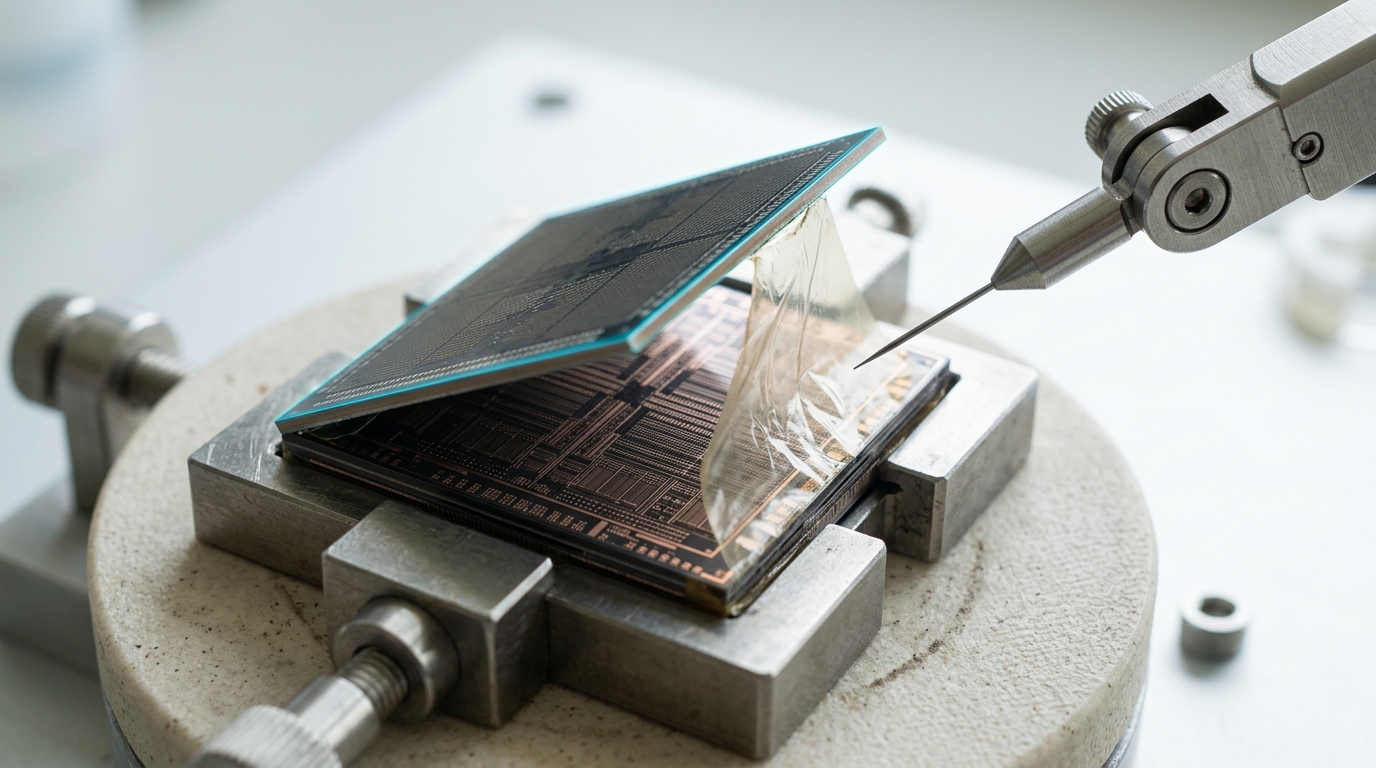 A partially disassembled memory-stack sample on a probe station chuck, one DRAM die tilted up to reveal a logic layer with visible compute circuitry sandwiched beneath it, a probe arm poised nearby
