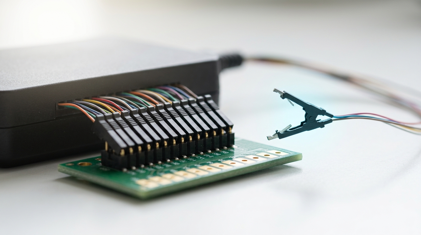 A logic-analyzer pod with a comb of fine flying-lead clips landed along a bus header, one additional clip caught mid-attachment onto a further test pad beside the rest