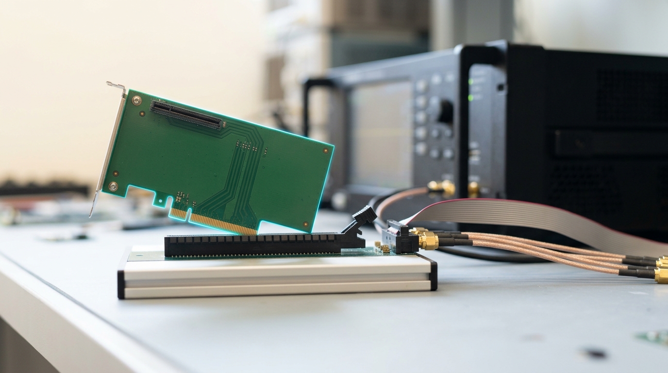A CXL riser card caught part-way into a breakout test fixture, its gold edge-connector fingers half exposed, wired by ribbon and coax to a rack-mount protocol analyzer standing behind it