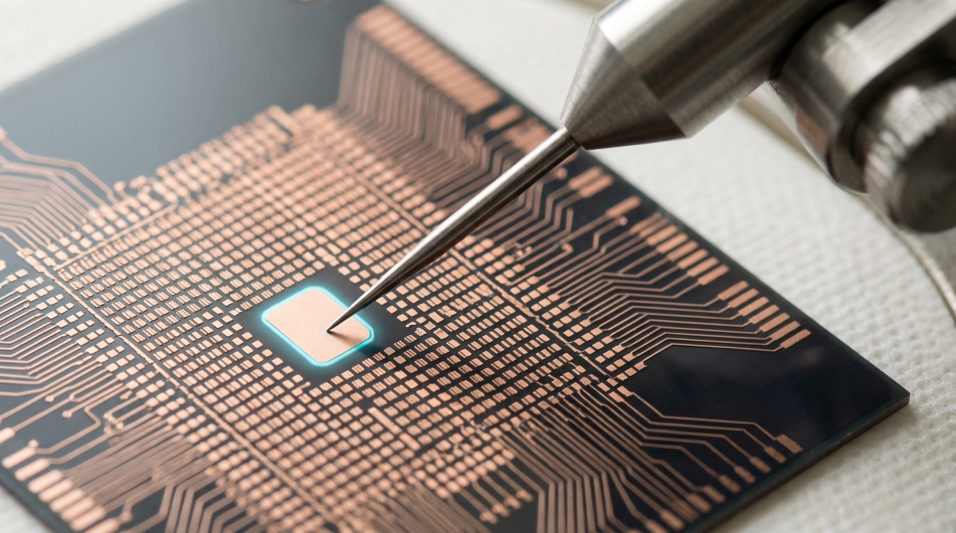 A close macro view of an HBM interposer sample under a probe station, a tungsten needle just touching one landing pad in a dense grid of identical bare-copper pads
