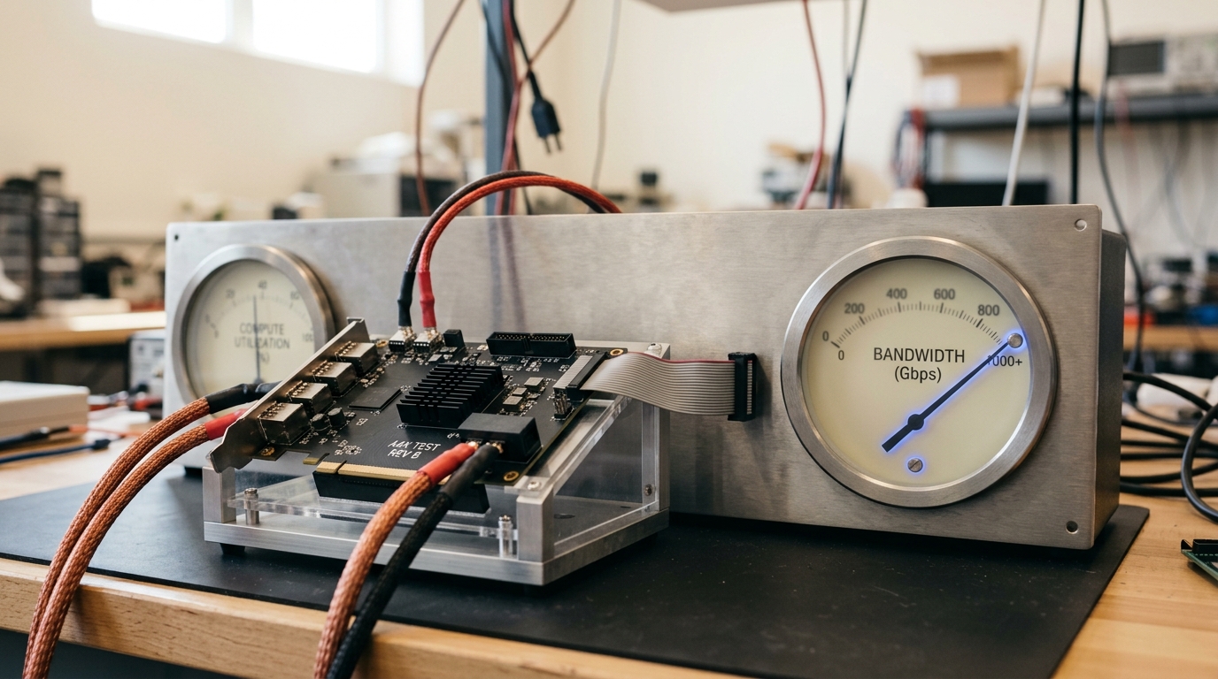 A benchtop power-and-bandwidth analyzer wired to an accelerator riser card, its bandwidth needle pinned near the top of its dial while a separate compute-utilization gauge sits well below its own maximum