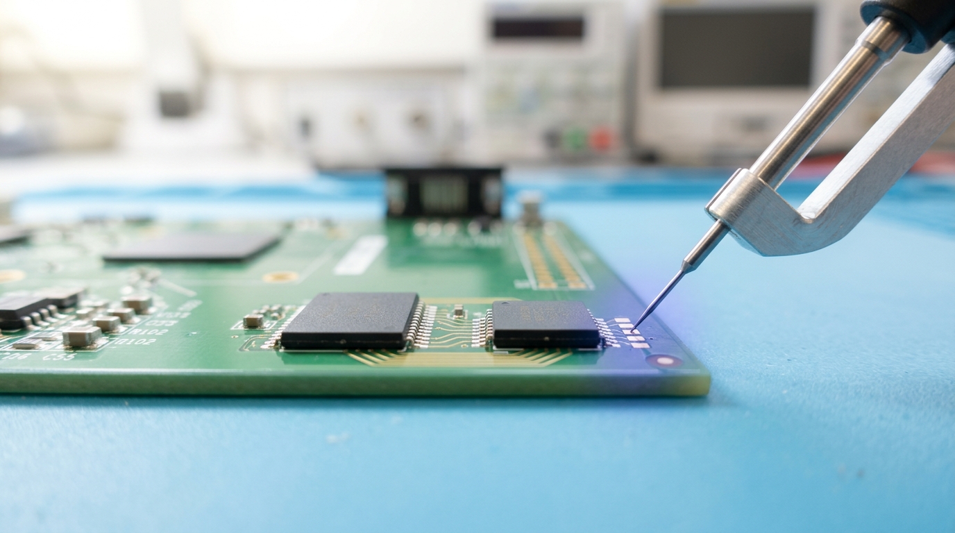 A bring-up card with a small buffer-and-compute chip soldered directly beside a DRAM stack, a probe tip caught just touching one of its test pads