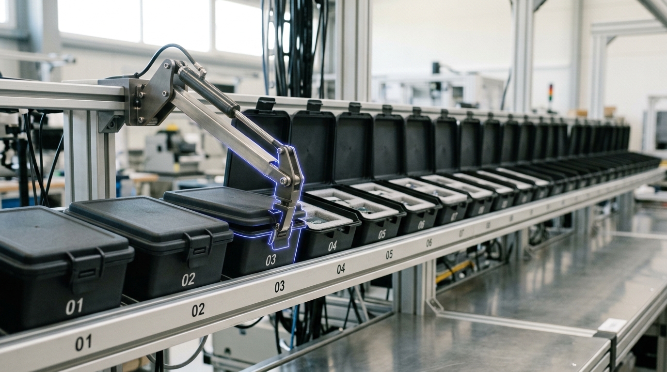 A paging rack of small anti-static capacity bins mounted on a sliding rail, most bins still empty and open while several near the front are newly closed and latched in sequence