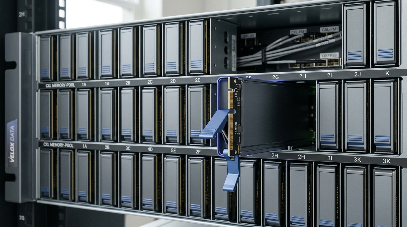 A CXL memory-pool appliance chassis with rows of EDSFF memory carrier sleds, one sled caught half-inserted into its bay with its latch lever still open