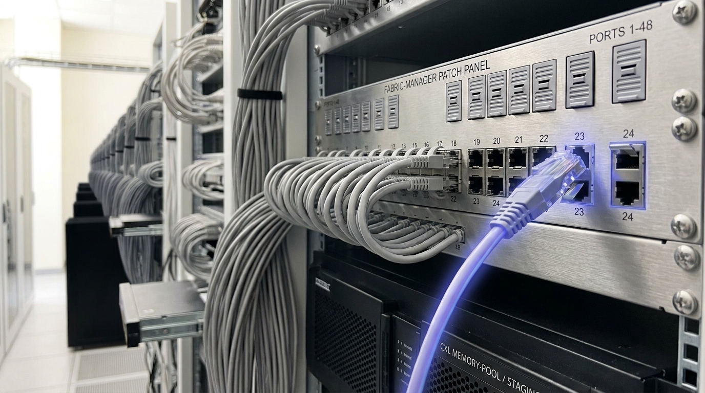 A fabric-manager patch panel with thin grey cables running from a CXL memory-pool appliance to several host trays, one cable caught mid-plug into an open port