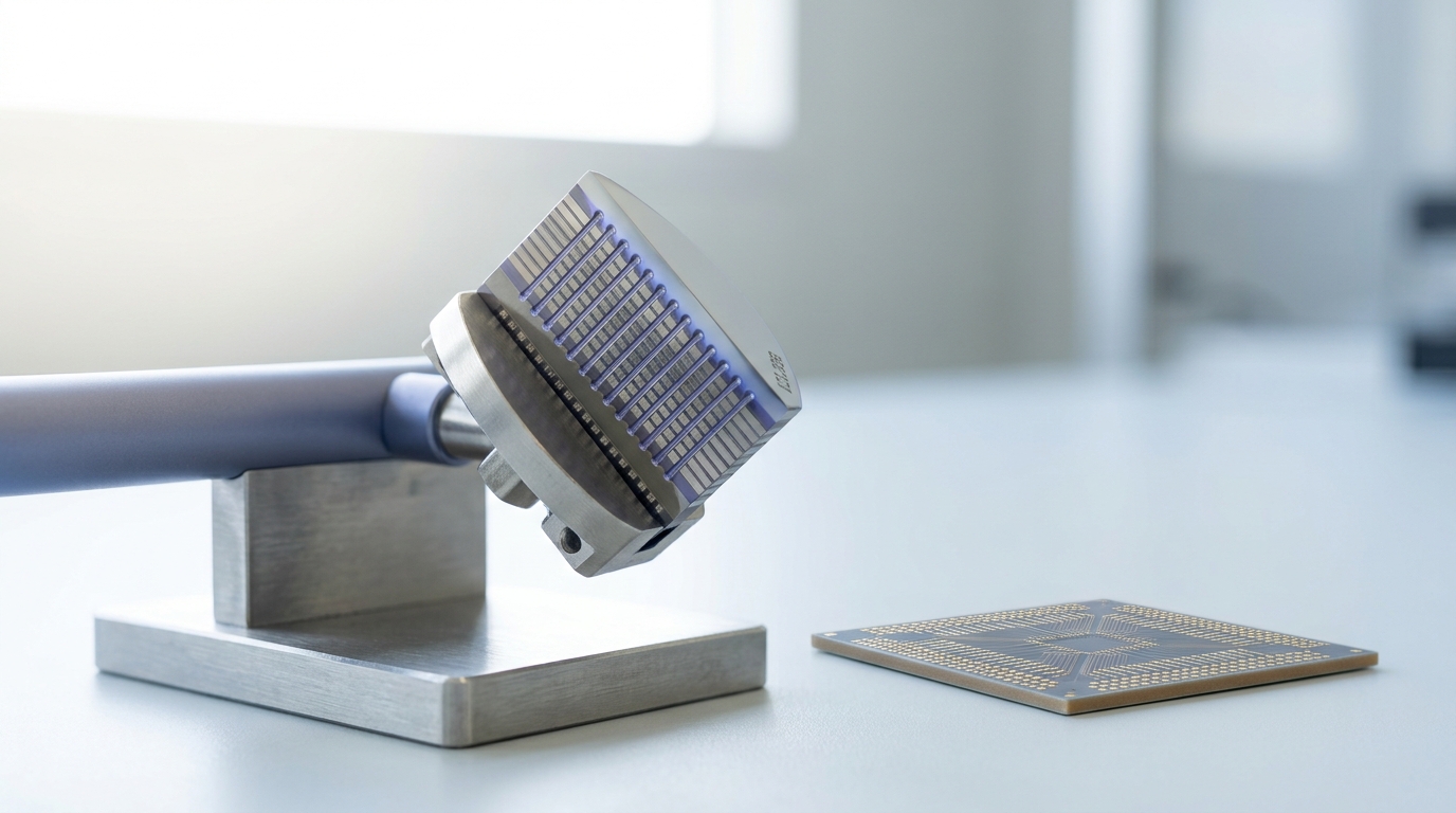 A polished HBM package cross-section sample under an inspection stand showing stacked DRAM dies and vertical through-silicon vias, set beside a bare accelerator substrate on an anti-static bench