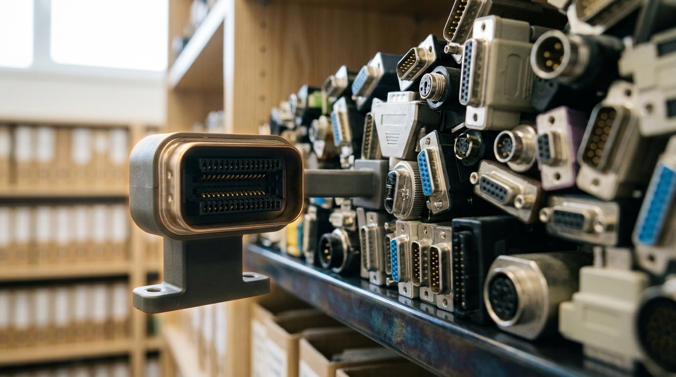 A single new universal connector specimen held up against the crowded shelf of mismatched adapters, its plain socket shape sized to accept several of the old shroud profiles at once, not yet fixed in place