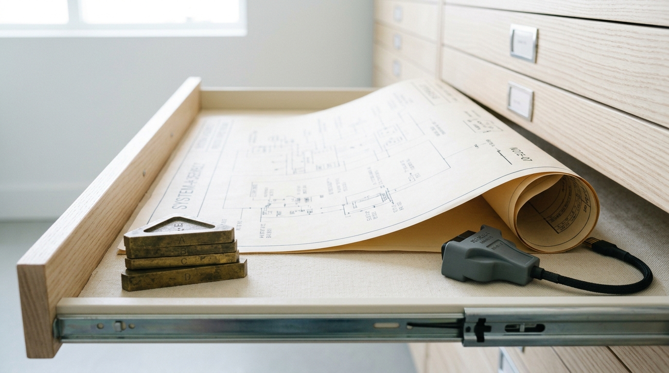 A flat-file plan chest drawer open on an oversized rolled diagram sheet caught half-unrolled, one corner still curling, beside a single custom-shaped adapter plug that fits only one waiting socket