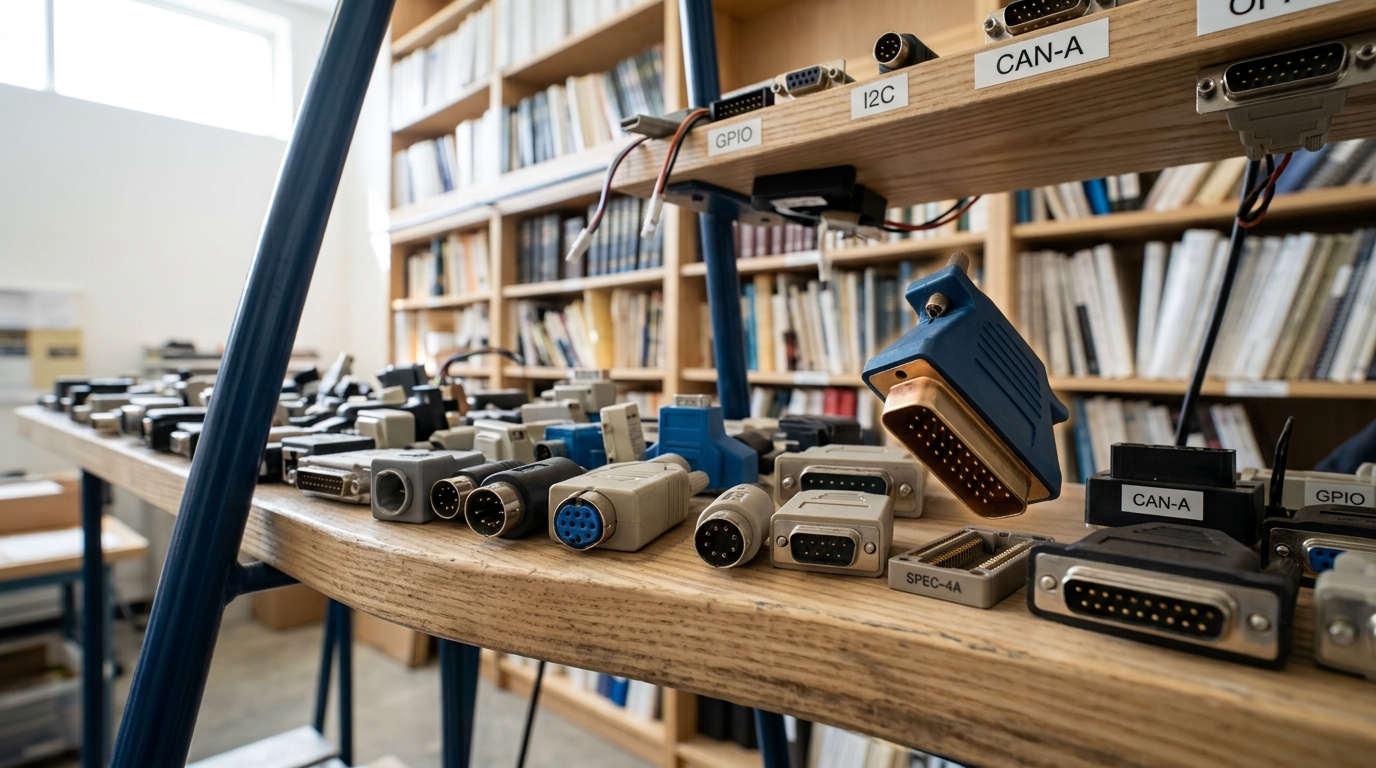A steel library ladder shelf crowded with dozens of differently shaped adapter plugs and sockets, no two alike, with one more mismatched adapter being set down among them