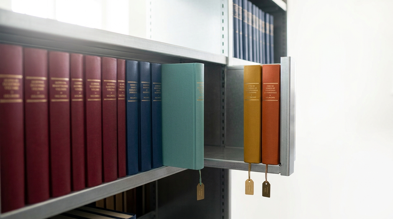 A cloth-bound specification volume with a fresh, unworn spine caught half-slid into its place on the ash shelving among older volumes of visibly different cloth colours and spine widths