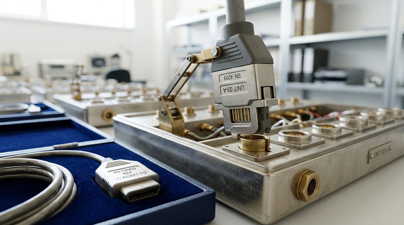 A bright protocol-specification archive room: pale ash shelving of cloth-bound spec volumes recedes along one wall, and on the facing wall a nickel-and-brass specimen case holds a chronological row of connector standards with the newest one held just above its empty mount