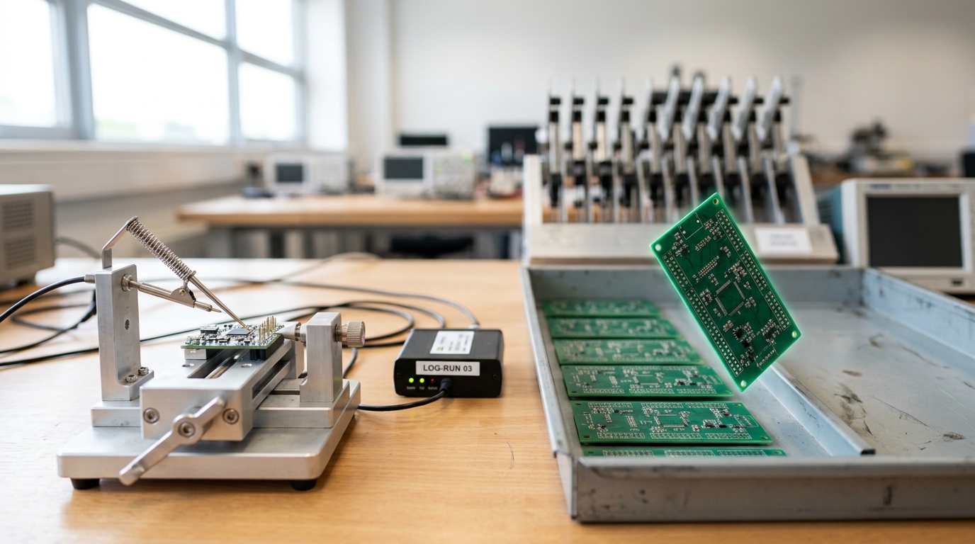 A lab bench with a small device-under-test board wired to a probe clip caught mid-contact, and a shallow sorting tray catching one flagged board mid-drop among a run of cleared ones