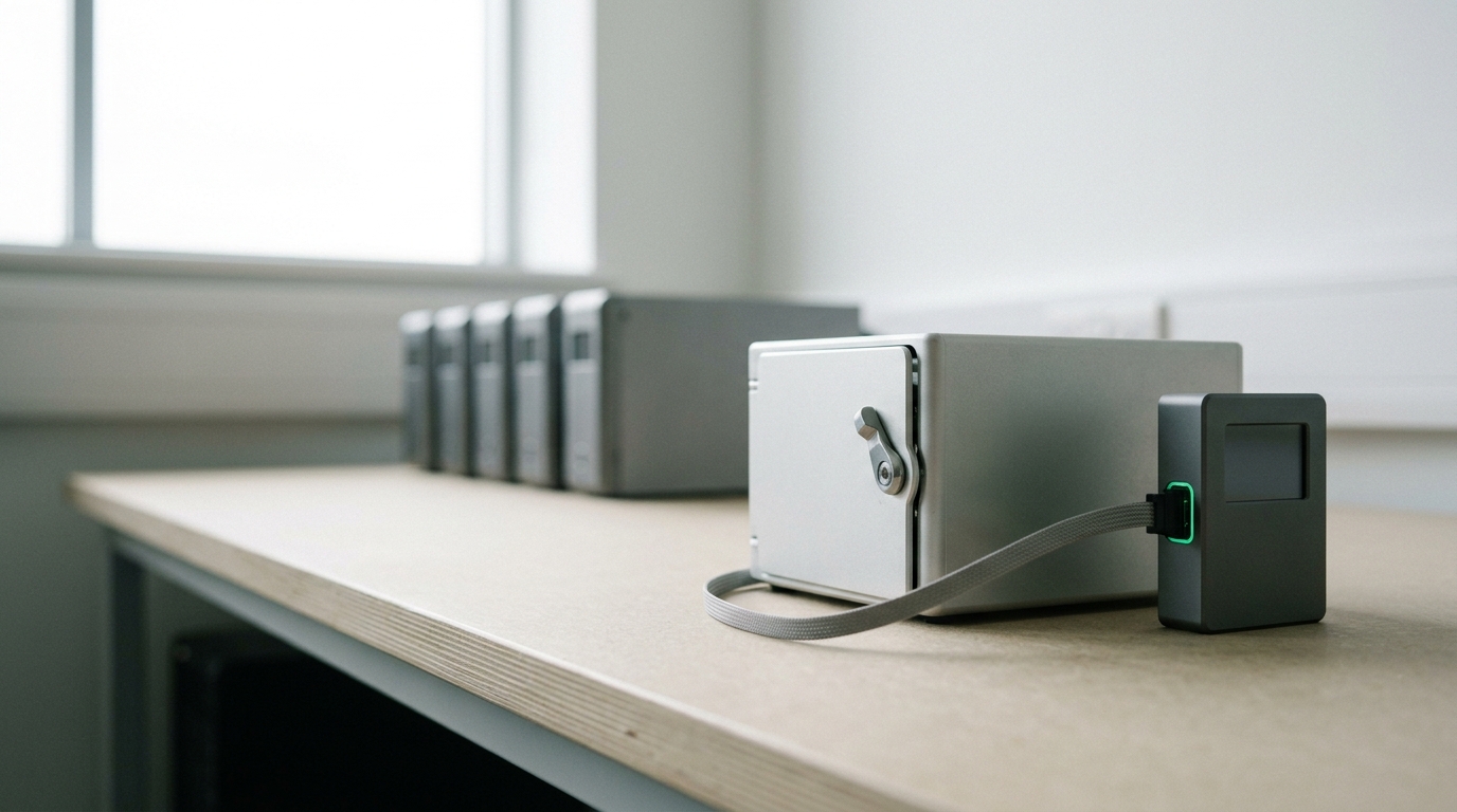 A small billet-aluminium microVM host on a bright lab bench with its access hatch caught mid-latch, a thin ribbon control lead running from it into a separate capability-policy module whose single port is lit, with a row of sealed hosts receding on a rack behind