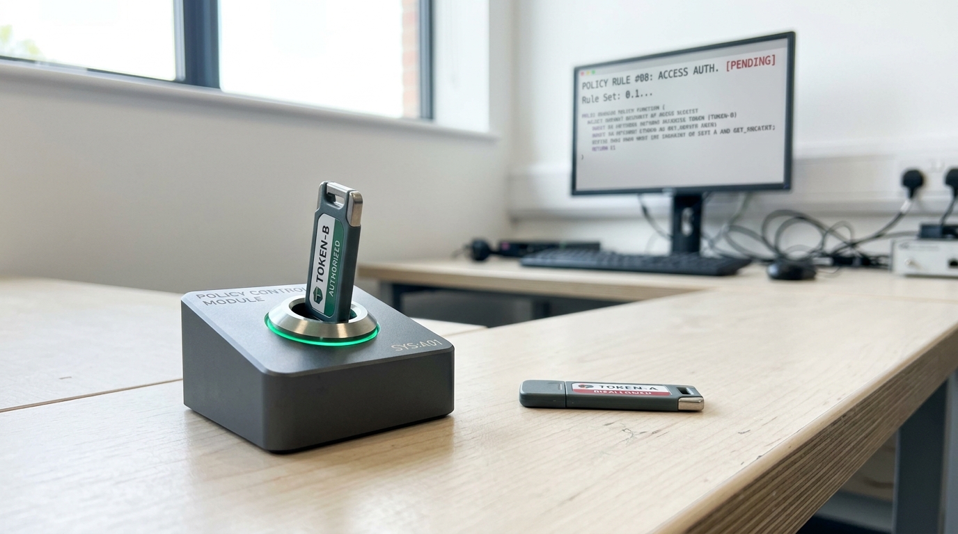 A capability-policy control module on a lab bench with a slim access token caught half-inserted into its one permitted slot while a second, rejected token lies capped beside it, a workstation screen behind showing a short policy rule being written