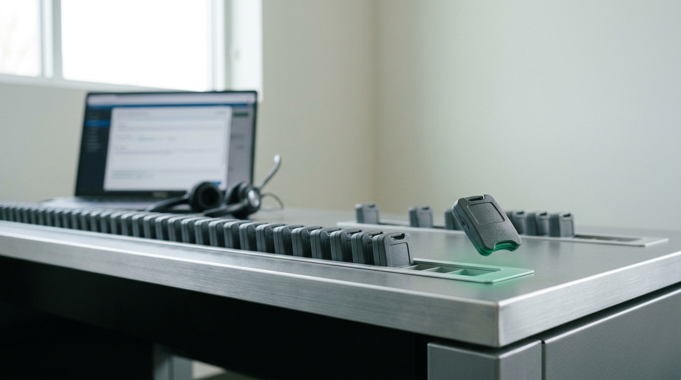 A security-operations desk with a physical console of small alert-token modules arranged in a queue, one token lifted just clear of its slot toward a priority rail, a headset resting on the desk and a workstation screen behind showing a short case summary