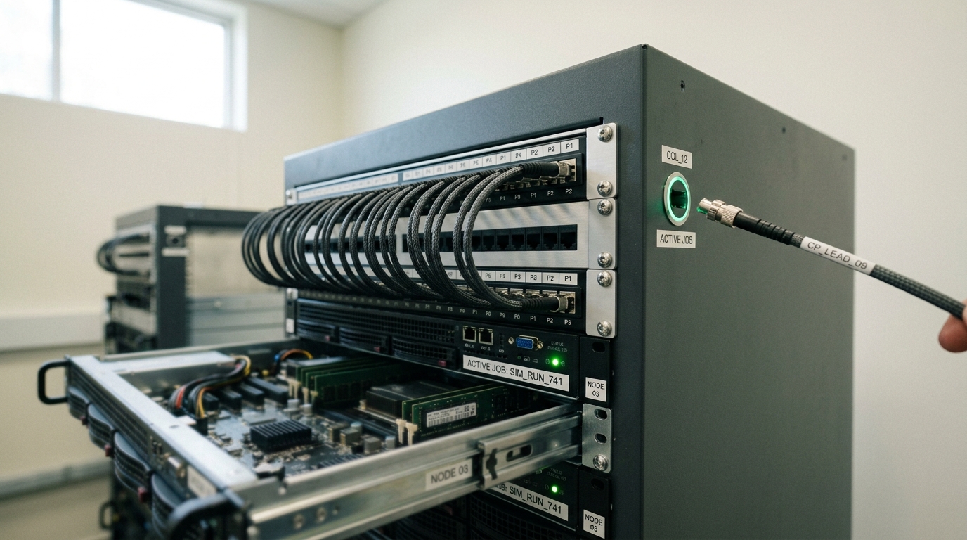 A short server rack in a bright machine room with one compute tray drawn part-way out mid-job, a patch panel above it carrying many parallel leads, one lead caught landing in a single collector port