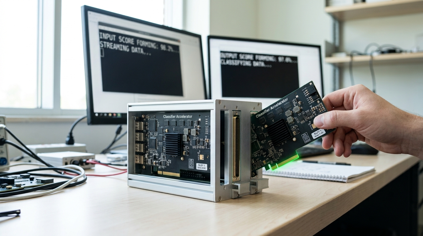 A twin-slot card cage on a bright lab bench holding two small classifier accelerator boards, one already seated and one caught mid-insertion, with paired workstation screens behind showing an input score and an output score each partway formed