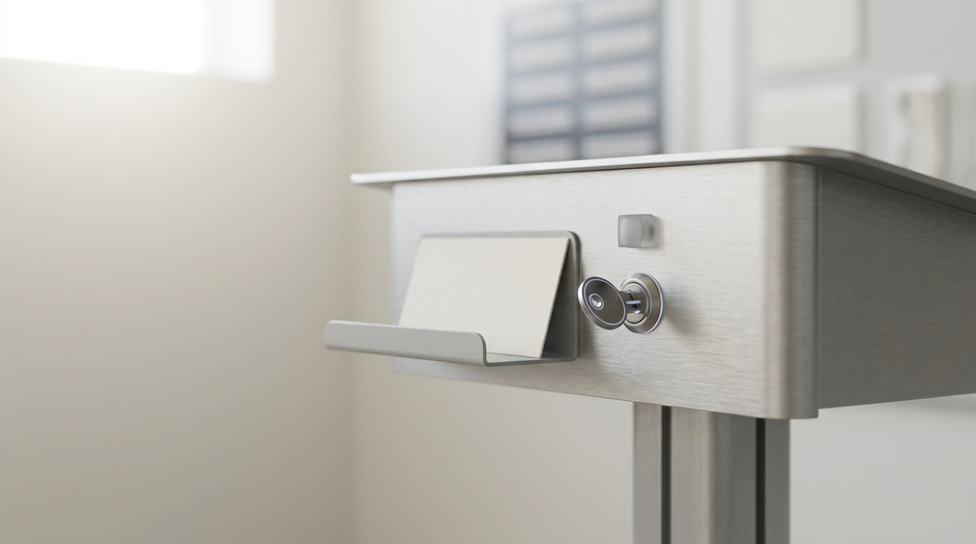A lectern-style approval station with a two-position keyed switch caught mid-turn between its two stops, its indicator lamp dark, a single card waiting untouched in a small tray beside it