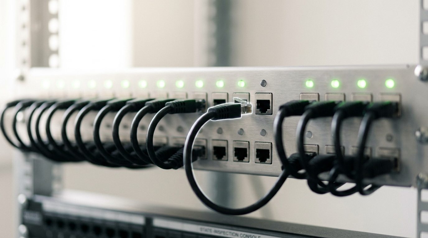 A patch panel of matte-black cords with one cord's ferrule hovering just short of a return jack, an unlit indicator lamp above it, neighbouring cords already seated and lit