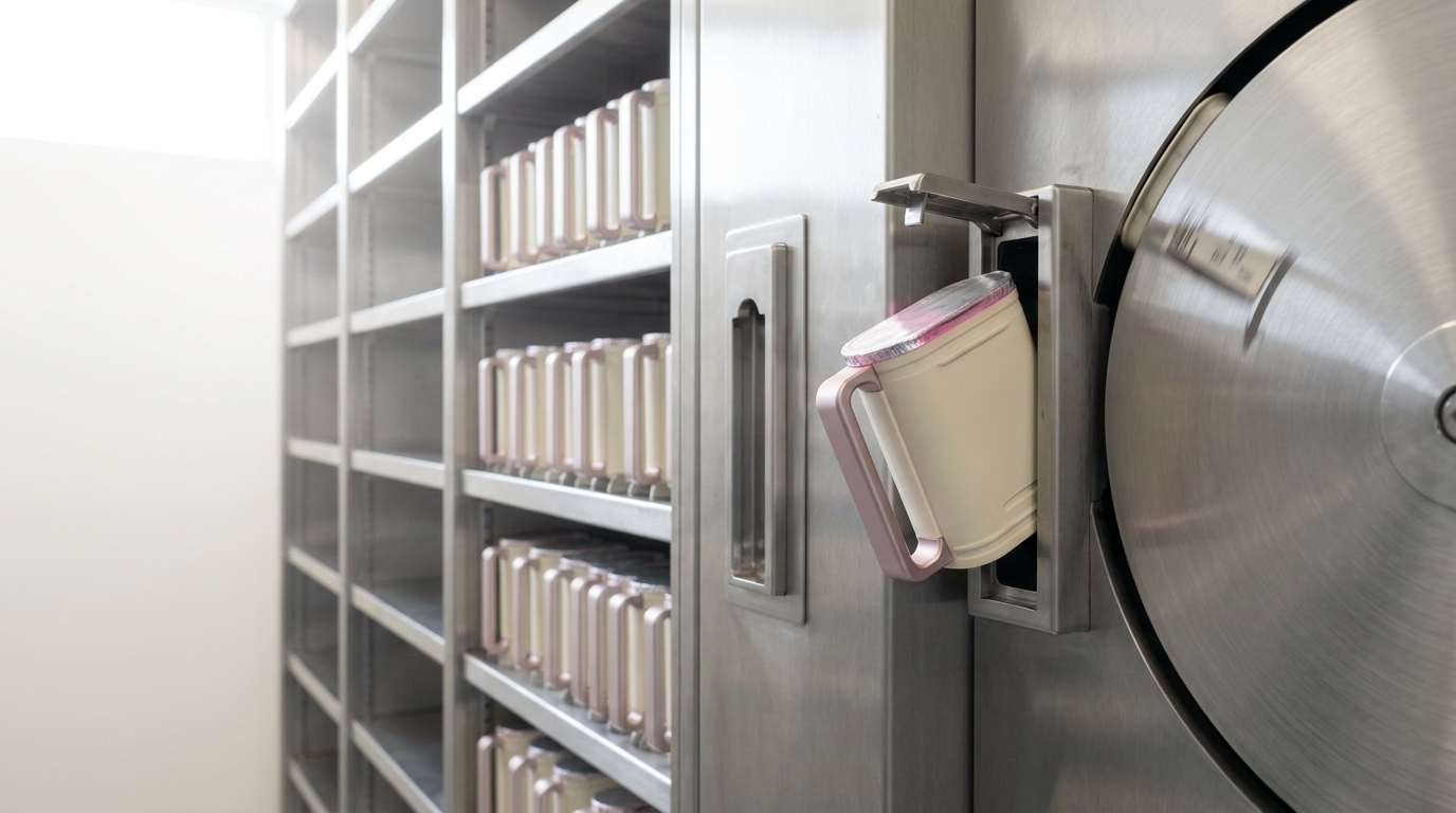 A sealed task cartridge caught mid-slide into a dock on a rotating carousel inside a bright vault of shelved cartridges, its foil seal intact and its latch not yet closed
