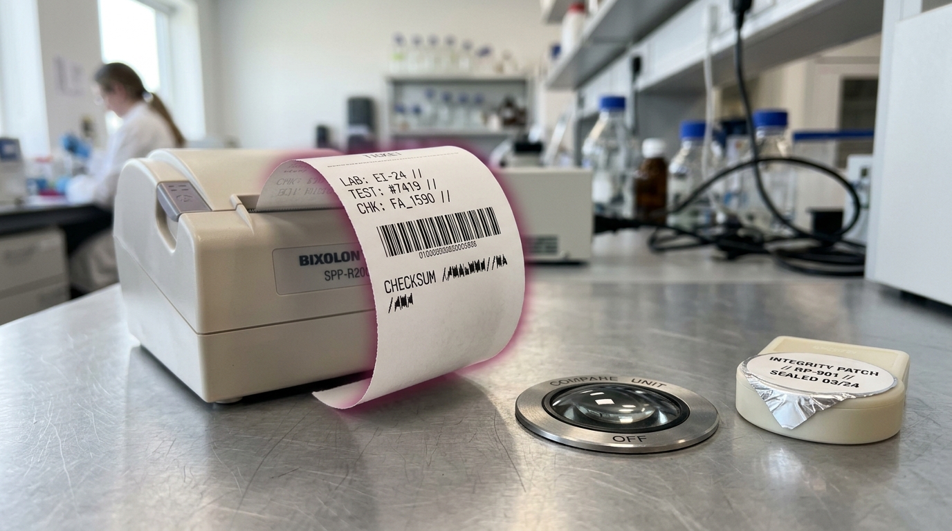 A thermal printer's ticket caught half-emerged with a partial checksum strip, held beside a still-sealed reference-patch cartridge, a small comparison lamp between them not yet lit