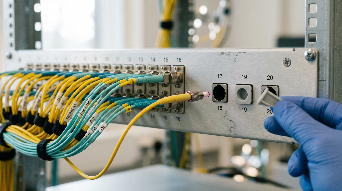 A fibre patch panel with one strand caught mid-withdrawal from its port, the ferrule just clear of the coupler and an isolation cap held open beside it, while the neighbouring strands remain seated and lit