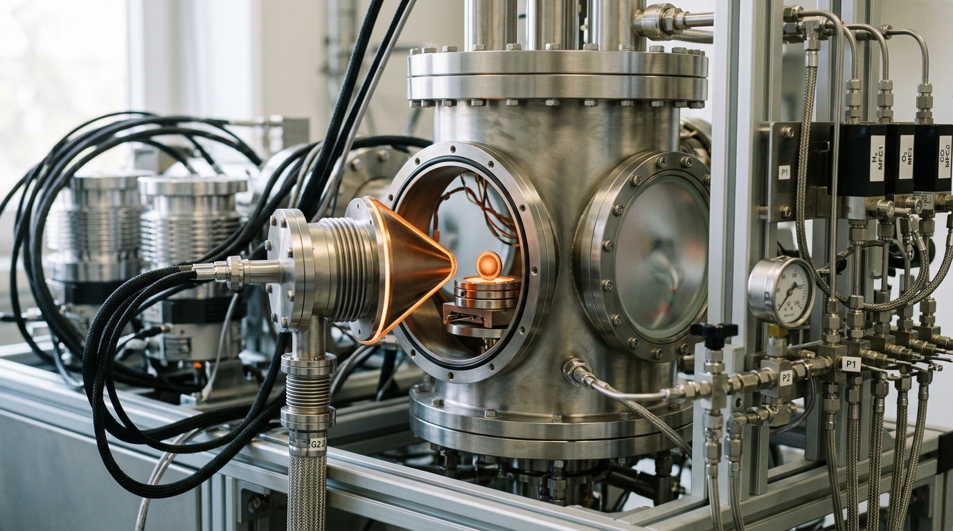 A near-ambient-pressure XPS endstation with a heated catalyst stage glowing faint copper amber as gas dosing lines feed a small reaction cell
