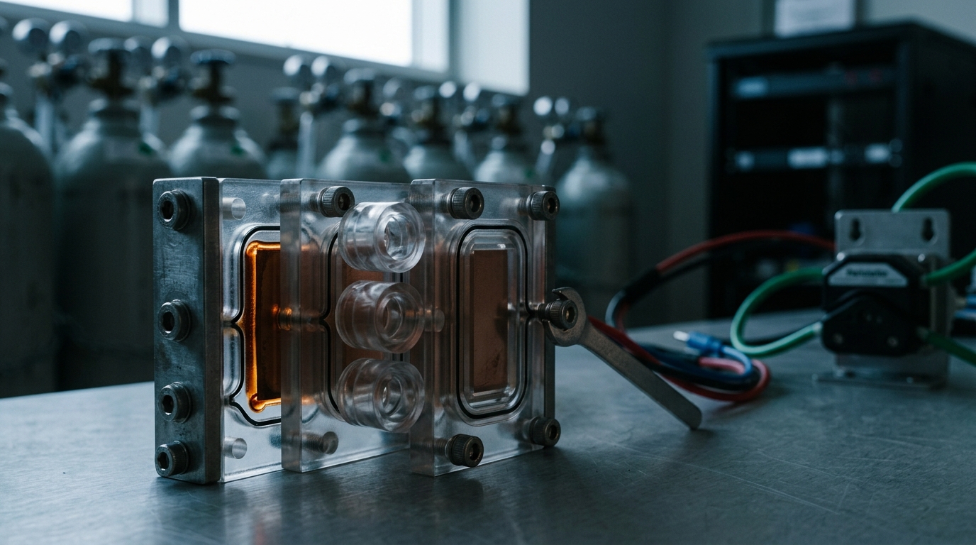 A membrane electrode flow cell clamped on a bench with a copper gas-diffusion electrode edge glowing faintly as electrolyte is fed in