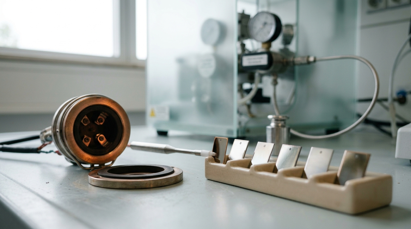 A row of small polished metal catalyst coupons on a pale bench, one coupon mid-swap into a heated test rig