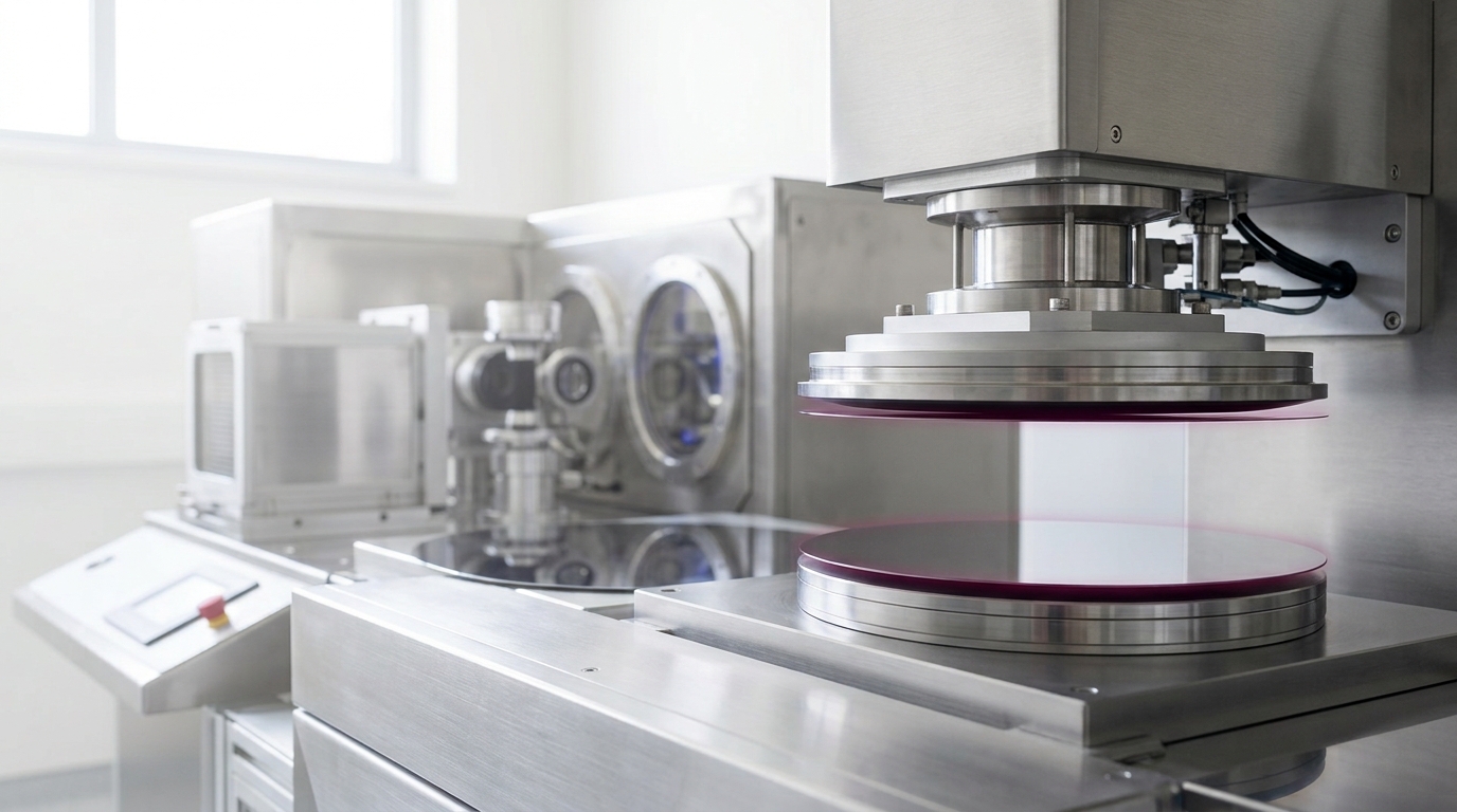 A wafer-to-wafer hybrid bonder's bond head lowering a polished wafer face-down toward a waiting wafer on the chuck below, a hairline gap of daylight still visible between the two mirror-polished surfaces