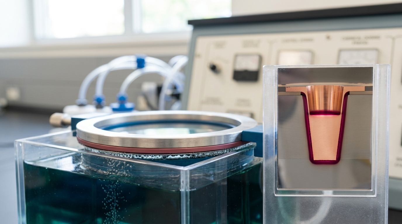 A wafer mounted face-down in an electroplating cell's fixture, copper fill visibly partway up the depth of a cross-section-view via test coupon beside it while a fine stream of bubbles rises from the plating bath around the wafer's edge