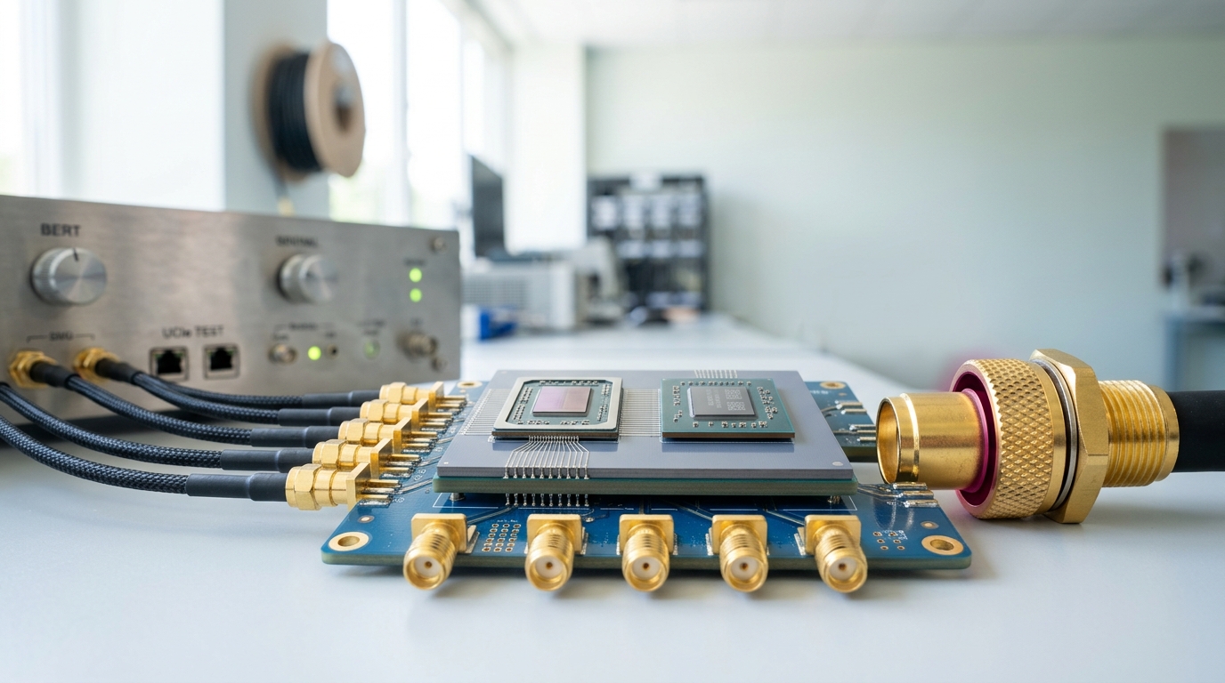 A UCIe die-to-die test vehicle with two chiplets seated on a shared silicon interposer, one edge-launch coaxial connector caught just short of fully seating into its interface board socket while the ribbon of its neighbouring connectors already sits mated
