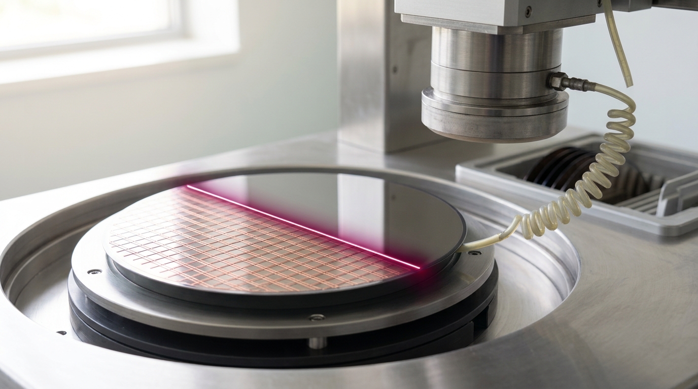 A silicon interposer wafer seated on a chemical-mechanical polishing tool's carrier, its fine copper redistribution-layer traces still standing slightly proud of the dielectric across one half of the wafer while the polishing head has already brought the other half flush and level