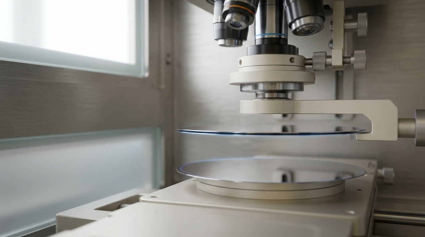 Two wafers held in an aligner chamber a fraction of a millimetre apart, the top wafer still descending toward direct copper contact