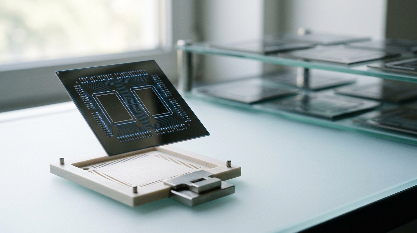 A silicon interposer on a light table showing its TSV rows and lateral routing channel between two chiplet footprints