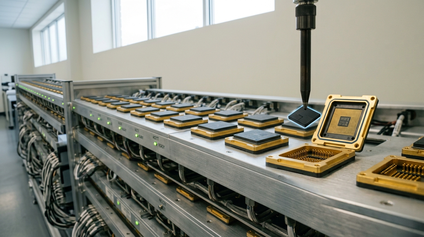 A burn-in rack of sorted known-good dies in gold-plated carrier sockets, one die being lowered into an empty socket