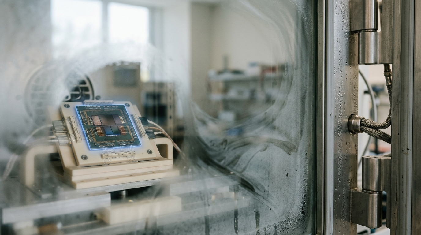 A heterogeneous package inside a thermal cycling chamber, viewport partly fogged, mid-cycle between temperature extremes