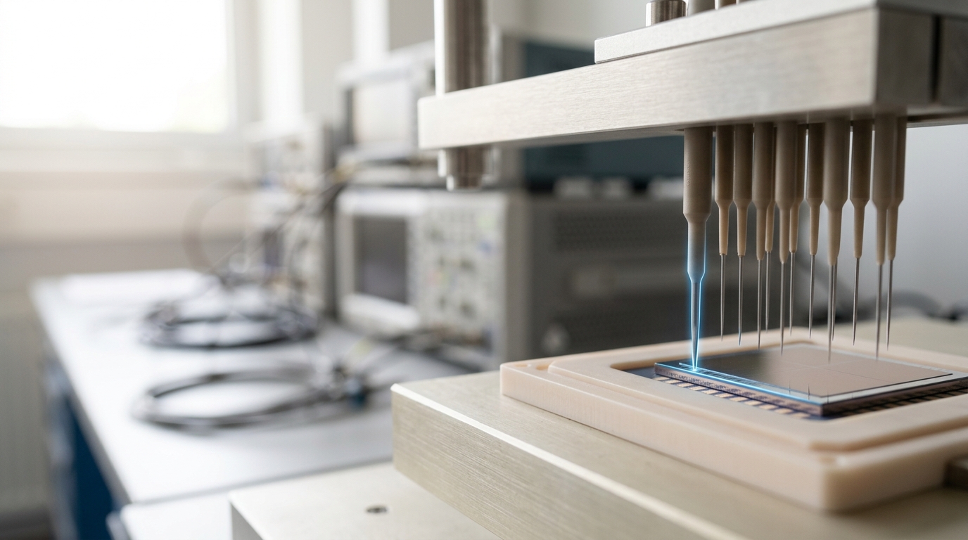 A UCIe compliance tester with fine probe needles positioned along a die's advanced-package edge, one needle just touching down