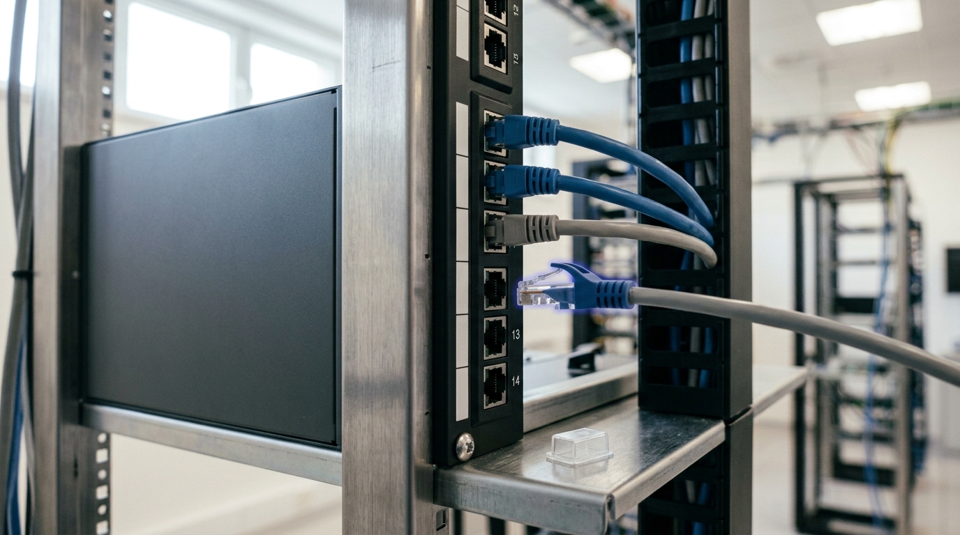 A rack bay with a sealed hardwired backplane module on one side and a row of patch jacks on the other, one connector caught just seating into an empty jack while its neighbours sit empty or landed