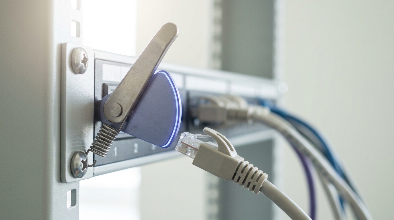 A mechanical interlock lever mounted beside a patch frame caught mid-throw, its gate just clearing the slot while a waiting cord's connector hovers short of the now-open port