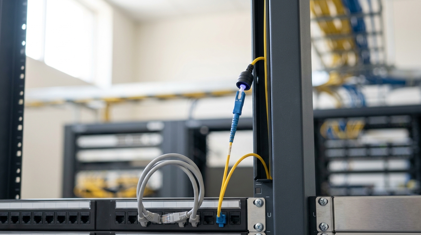 A short copper jumper cord curling within one rack bay beside a fibre trunk rising out of the same bay toward an overhead riser, the fibre's connector caught mid-dress into the vertical manager
