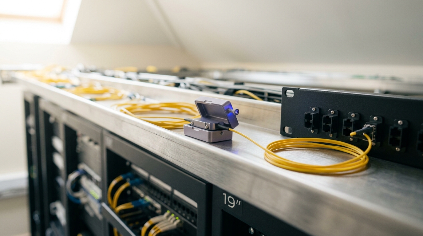 A small inline optical tap clamped onto a live patch cord mid-clip, its second output leg coiled loose and not yet connected to the monitoring frame beside the run