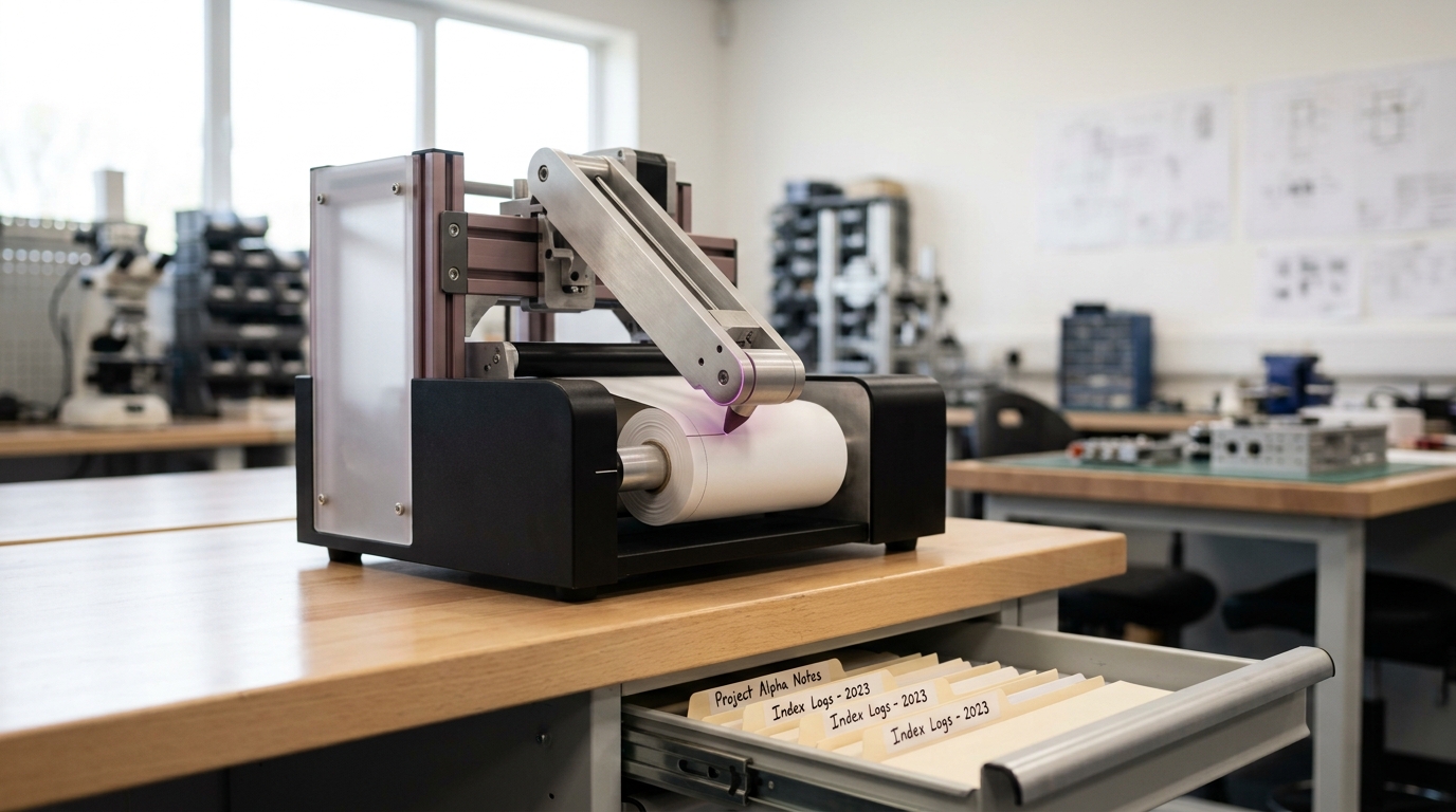 A compact mechanical index-writing unit with its arm caught mid-stroke writing a fresh entry near a ruled limit line on a nearly full take-up roll, one drawer of topic folders partly open below it