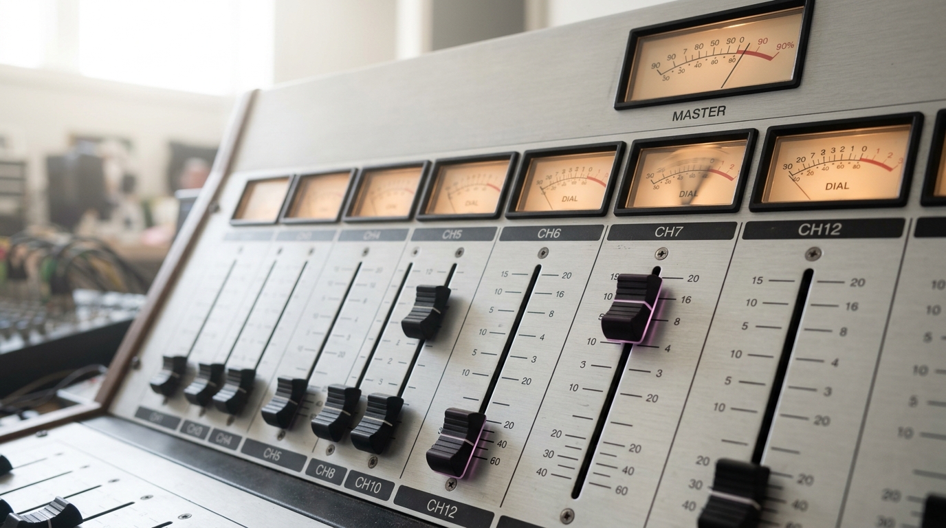 A physical allocation console with a row of backlit analog gauges and sliding faders, one fader caught mid-slide with its needle swinging while the neighbouring channels sit already set