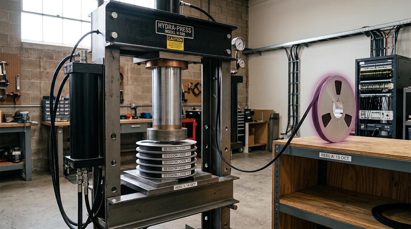 A hydraulic press with its ram caught mid-descent above a stack of session-log reels, while one reel already stands apart on a shelf with its own cord still connected back across the room