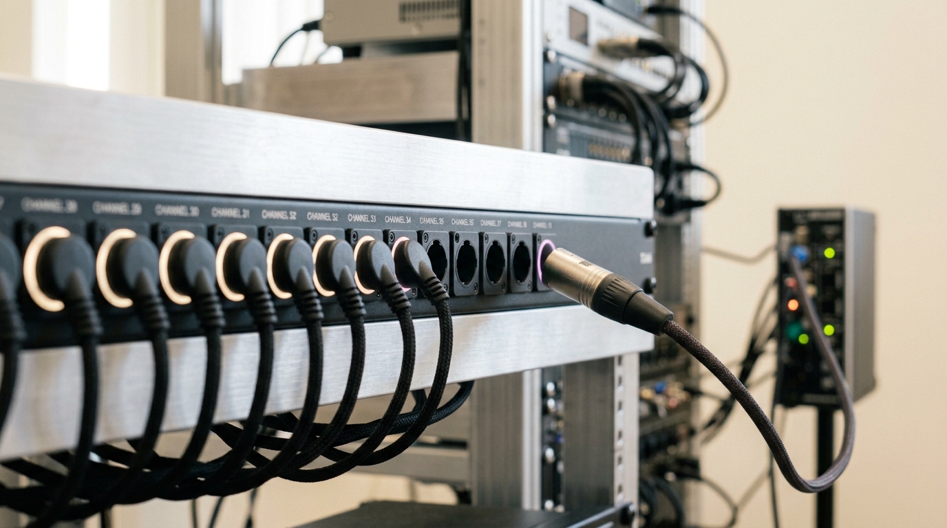 A horizontal patch manifold with a long unbroken row of seated, lit connectors and one new connector caught mid-plug into the last open port at the end of the row