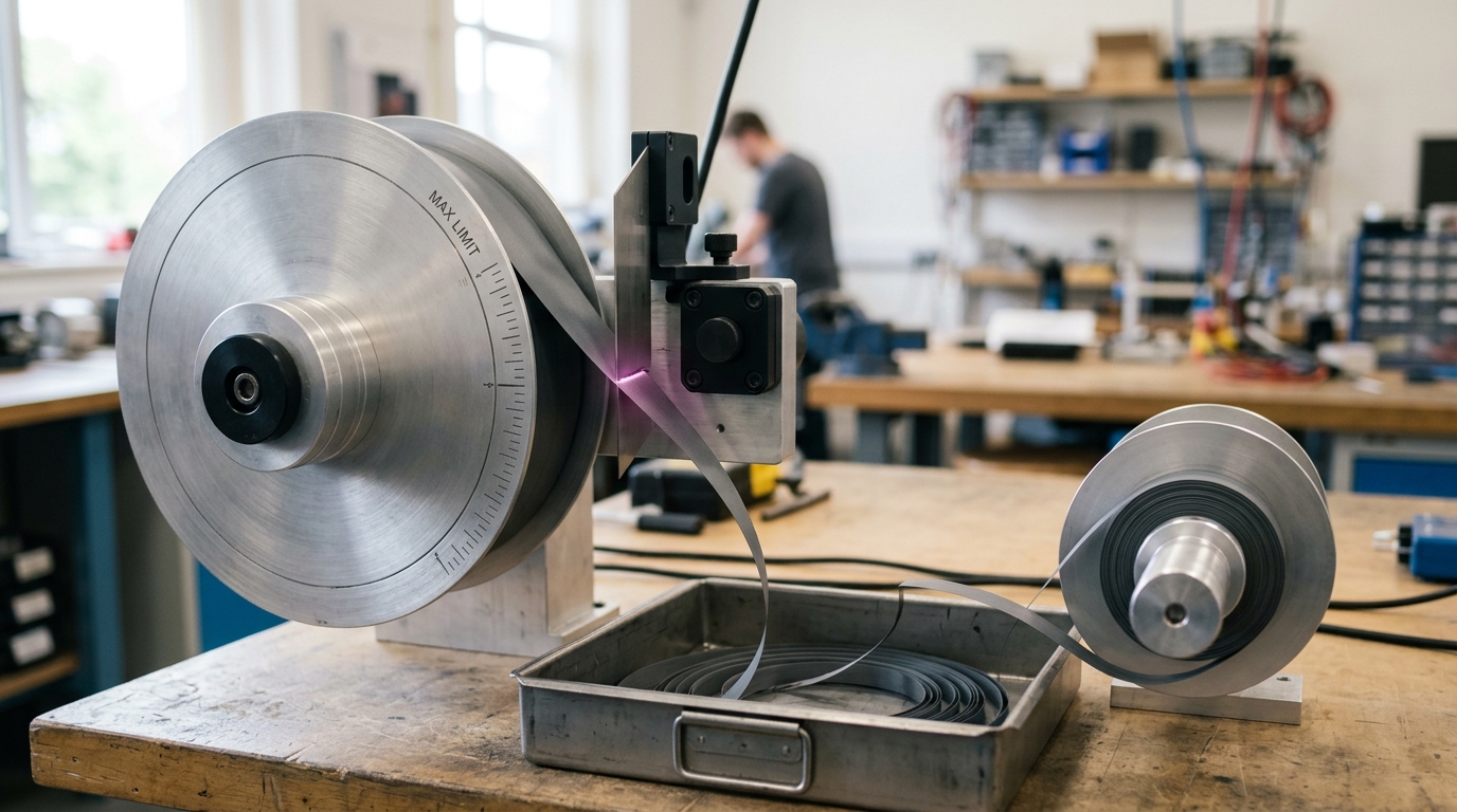 A spool-trim bench with a blade caught mid-cut through an oversized reel exactly at a marked limit line, trimmed material just beginning to curl into a scrap bin below a shorter take-up spool