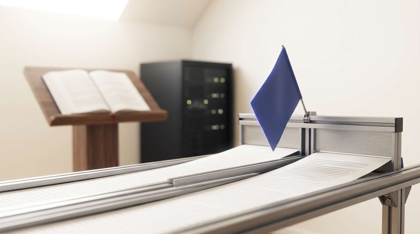 A preference-comparator rig in a bright alignment lab, two printed response transcripts feeding into a viewing gate as a spring-loaded selector flag is caught mid-flip toward one side, a lectern holding an open constitution soft-focus behind it