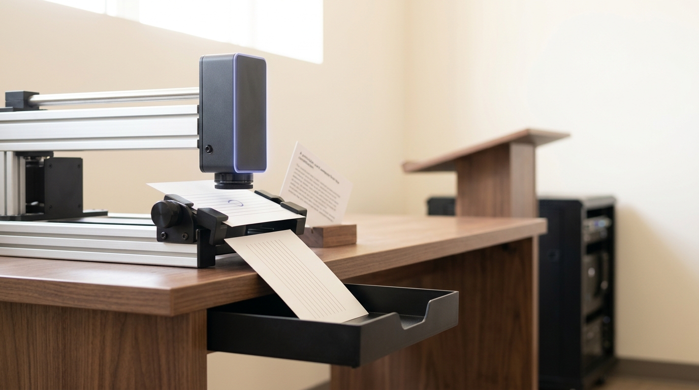 An annotation carriage holding a draft response card, a stamping arm lowering a revision mark onto it while the earlier unrevised card slides into a reject tray, a small constitution principle card angled beside the carriage