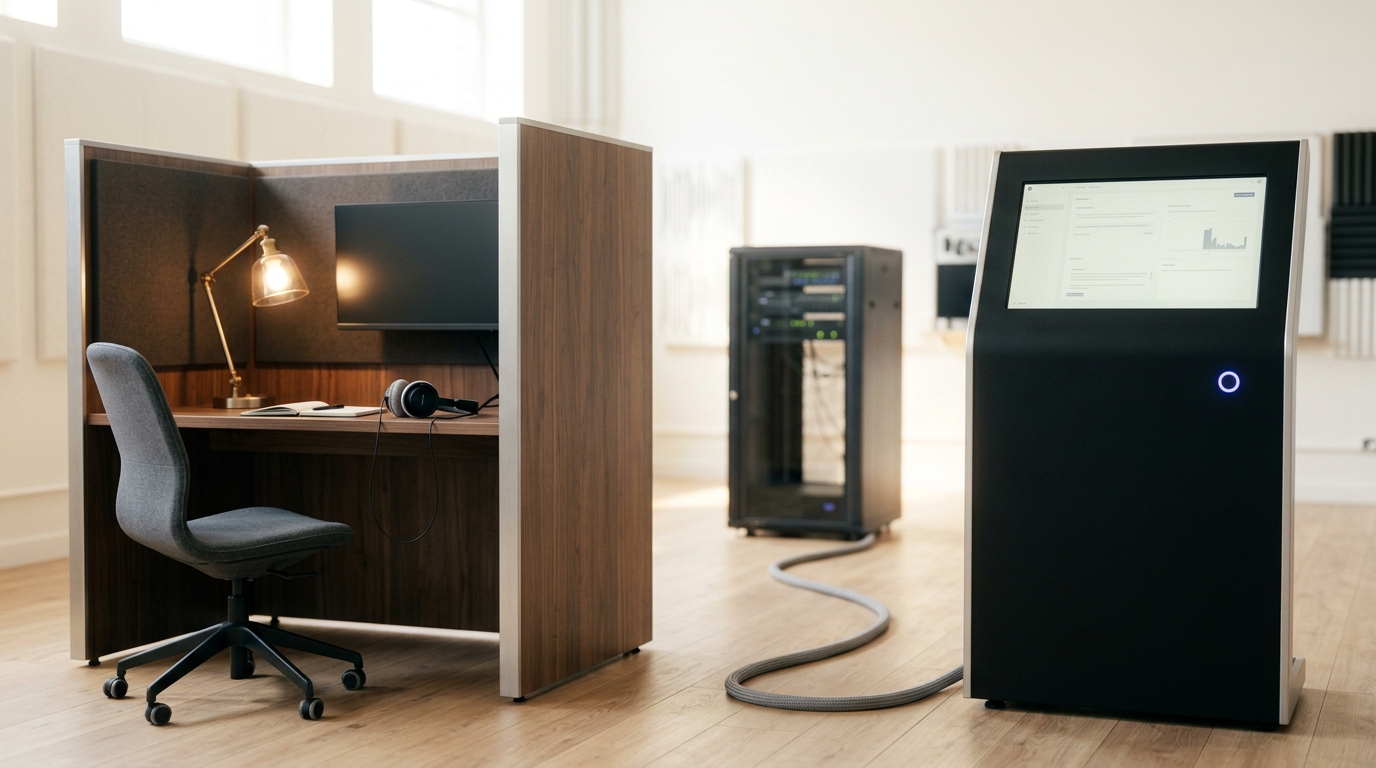 An empty human-feedback booth with a headset set down and its desk lamp still lit beside an active AI-feedback terminal with one small indicator glowing, a shared cable run linking both toward a preference-model rack behind them